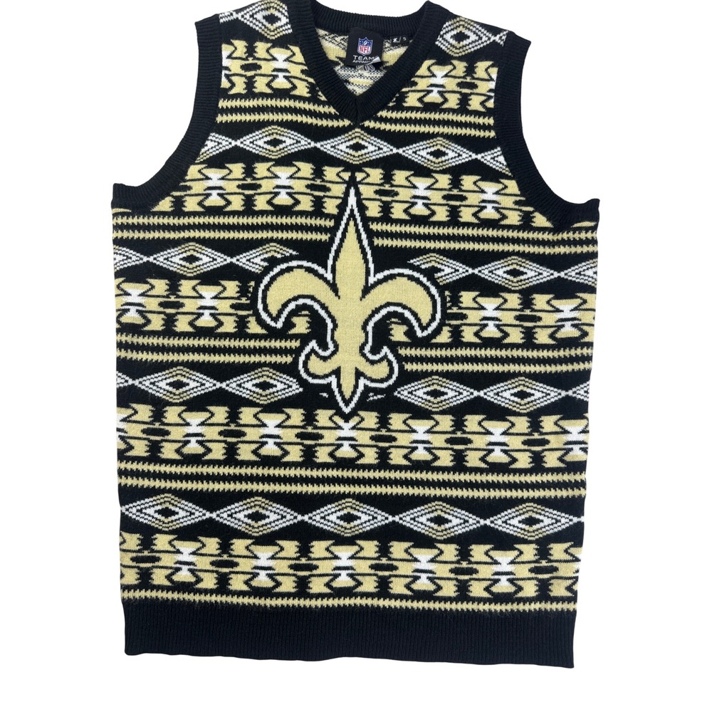 NFL New Orleans Saints Sweater Vest Black Gold Fair Isle Fleur-de-Lis Small
